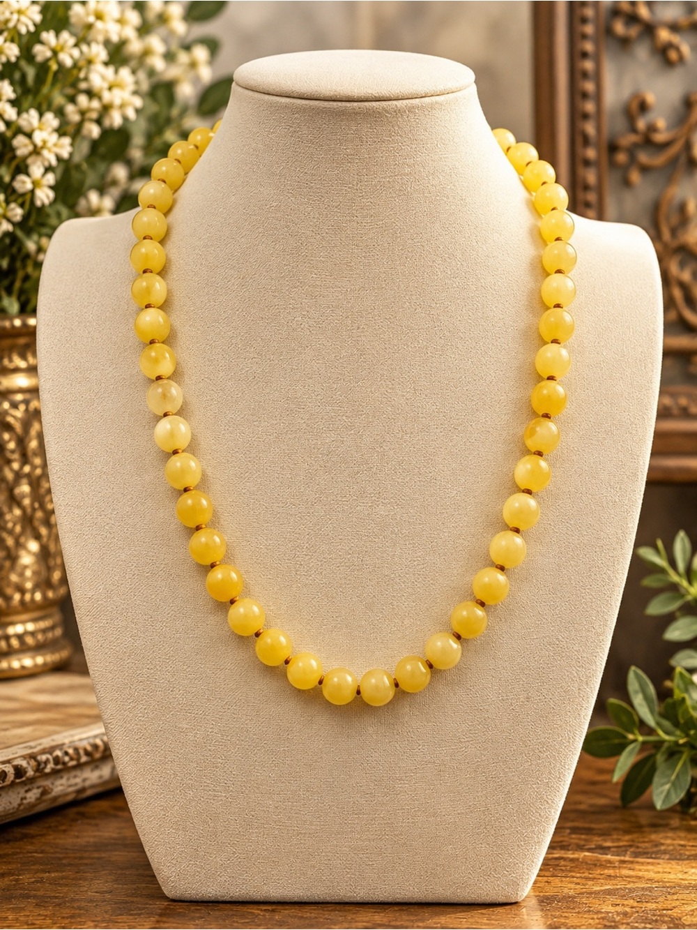 Honey Calcite 8 mm 20 inch handknotted Aprilsplace necklace